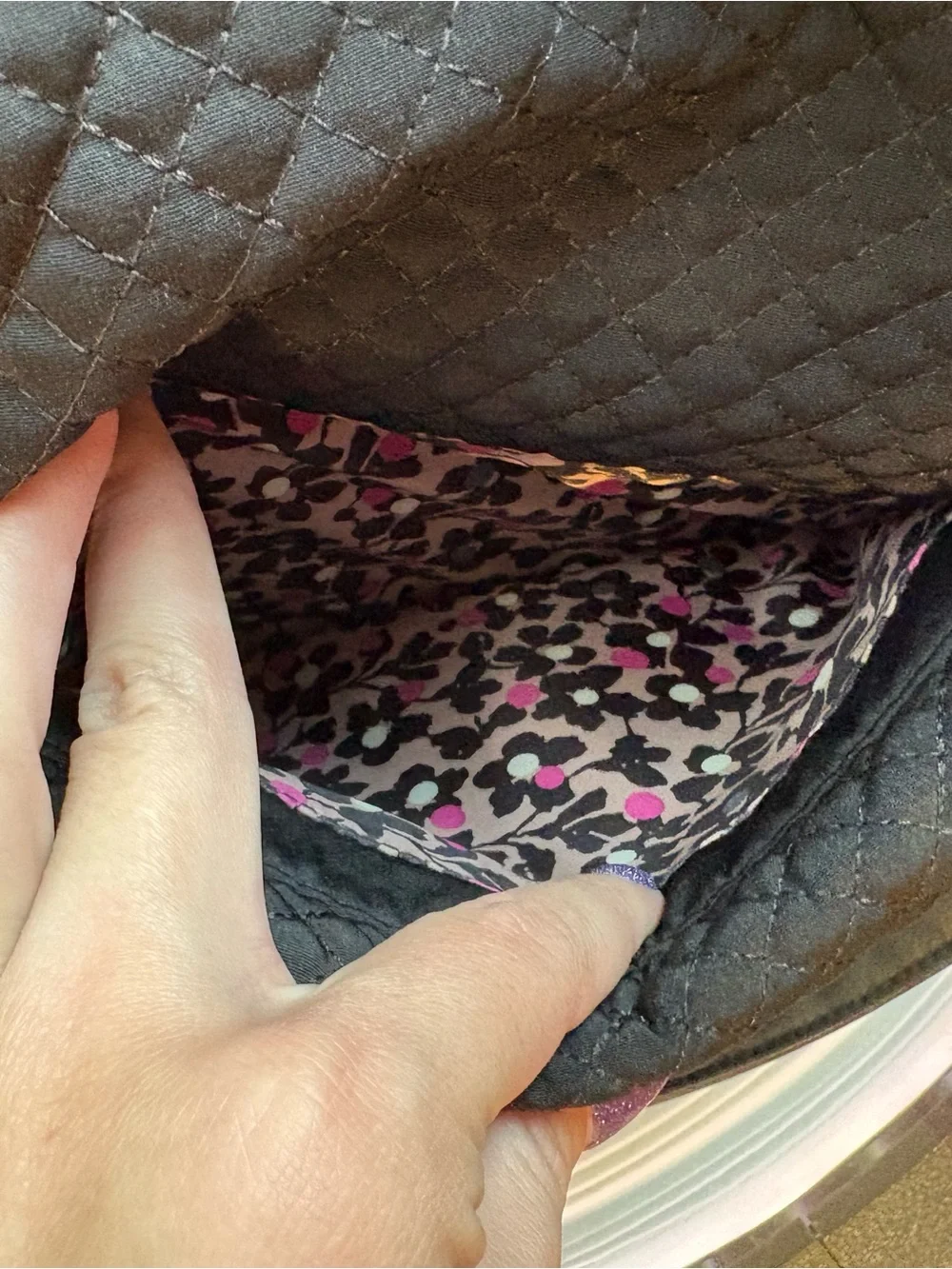 Vera Bradley Black Quilted Tote with Front Pocket w floral inside